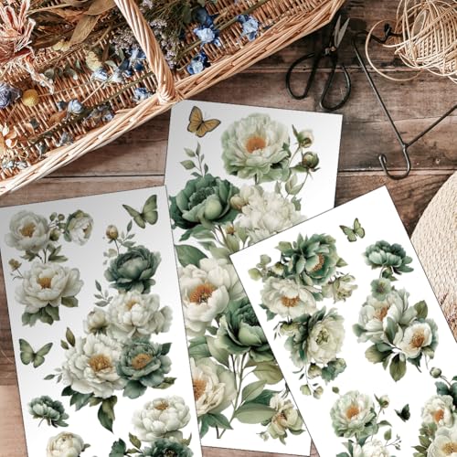 OLYCRAFT 3Pcs/set Retro Flowers Rub on Transfers for Furniture and Crafts 6x12 Inch Green Flowers Furniture Decals Decor Butterfly Transfer Sticker with 1pc Scraper for Scrapbook Window DIY Home Decor - style: Green Flower