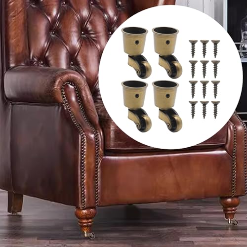 Anxingo 4 PCS Antique Brass Caster Cups, 2.6 x 1.5 Inch Cast Zinc Alloy Wheels, 360 Degree Swivel Pulleys, Suitable for Classical Furniture, Piano Legs, Coffee Tables, Bookshelves