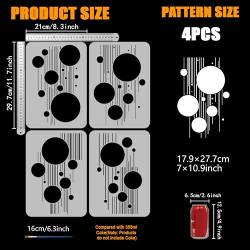 FINGERINSPIRE 4PCS Geometric Circles and Lines Interweave Painting Stencil with Paint Brush 8.3x11.7inch Round Lines Pattern Drawing Template Plastic Geometry Theme Stencil for Painting on Wood - style: Geometric Circles and Lines Interweave