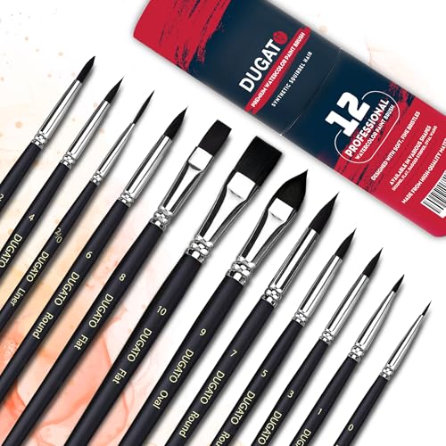 DUGATO Watercolor Brush Set 12 pc, Round, Flat, Liner & Oval Synthetic