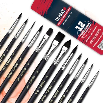 DUGATO Watercolor Brush Set 12 pc, Round, Flat, Liner & Oval Synthetic