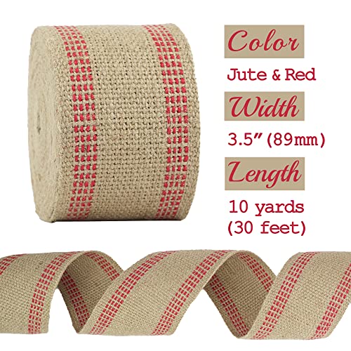 MEEDEE Red Jute 3.5 Inch Webbing Burlap with Red Stitching Upholstery Ribbon Chair Furniture Webbing Heavy Duty Jute Ribbon for Christmas Garland, Wreath, Banner (10 Yards) - color: Red, size: 3.5"