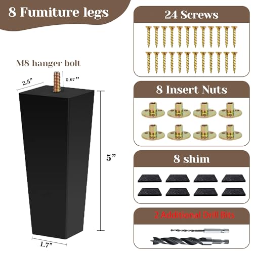 Sofa Legs Square Bed Feet 5 inch Wood Replacement Leg for Furniture Set of 8,Black (5”, 8set) - color: 8set, size: 5”