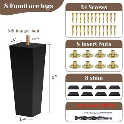 Sofa Legs Square Bed Feet 5 inch Wood Replacement Leg for Furniture Set of 8,Black (5”, 8set) - color: 8set, size: 5”