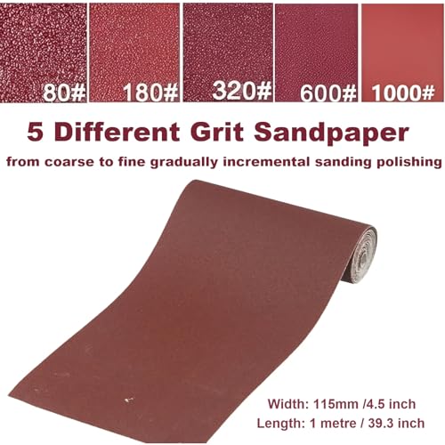Sandpaper Roll 80# 180# 320# 600# 1000#, 5 PCS Aluminum Oxide Abrasive Emery Cloth Roll for Dry & Wet Grinding Sanding Polishing (Length 1 metre, Width 115 mm) - size: 5 Metre, style: 80/180/320/600/1000 Grit