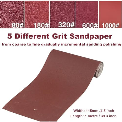 Sandpaper Roll 80# 180# 320# 600# 1000#, 5 PCS Aluminum Oxide Abrasive Emery Cloth Roll for Dry & Wet Grinding Sanding Polishing (Length 1 metre, Width 115 mm) - size: 5 Metre, style: 80/180/320/600/1000 Grit