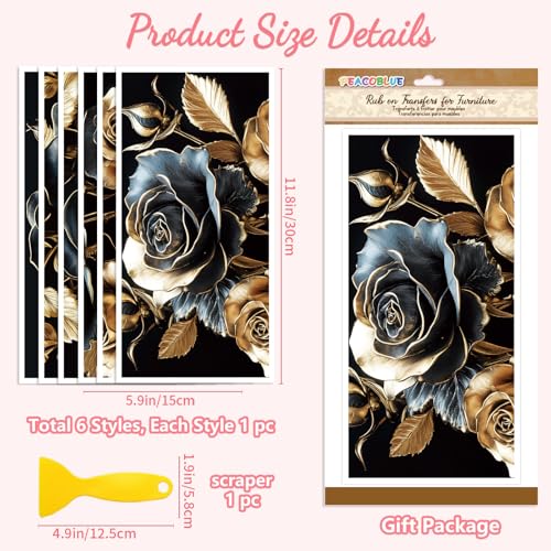 Peacoblue Black and Gold Rose Rub On Transfers for Furniture Craft 6"x12" - style: Black and Gold Rose