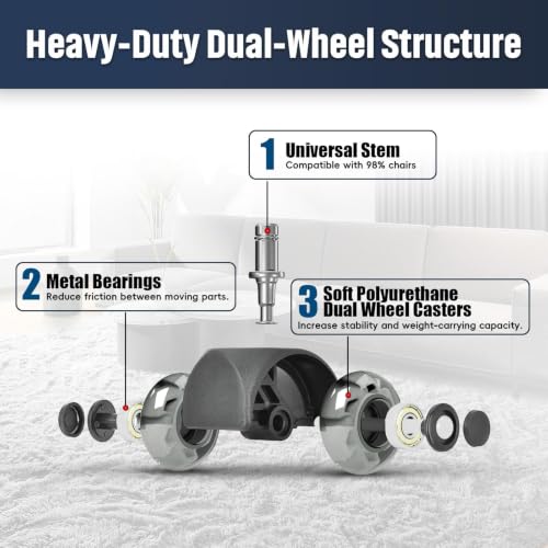 Office Chair Wheels 2" Desk Chair Caster Wheels Smooth Roller Style Quiet for Carpet and Hardwood Floors Universal Fit 11x22 mm Set of 5 Light Grey - color: Light Grey-Roller-2 Inch