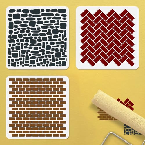 3Pcs Tile Texture Stencils for Painting, 11.8"x11.8" Reusable Splicing Brick Herringbone Stencil Drawing Templates, DIY Craft Paint Templates for Wall Home Decor Wood Burning Canvas Journal - style: Tile Texture A