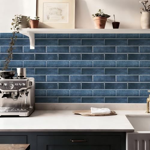 10 Sheets Thick Peel and Stick Backsplash, Self Adhesive Wall Tiles, Stick on Backsplash for Kitchen and Bathroom, 12"x9.8", Deep Blue - color: Deep Blue