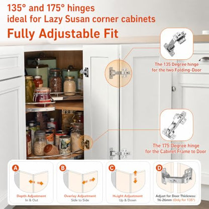 TamBee Complete Lazy Susan Hinge Kit, 2 Pair 175 & 135 Degree Hinge - size: 135° + 175°Full Overlay