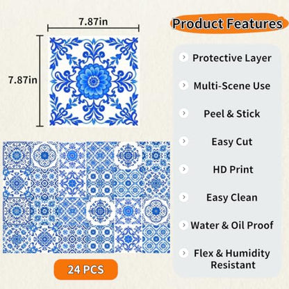 24Pcs Mexican Style PVC Peel and Stick Tile Stickers - color: Style E, size: 8x8 Inch
