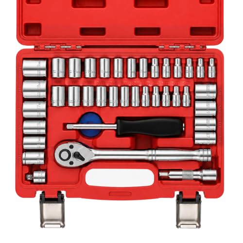Egofine 40 Pieces 1/4 & 3/8 inch Drive Socket Ratchet Wrench Set, Metric/SAE Size, with Extension Bar, Adapter, Spinner Handle and Spin Disk for Auto Repairing and Household, with Storage Box - color: Red, size: 3/8" & 1/4" 40PCS with 72 Teeth Ratchet