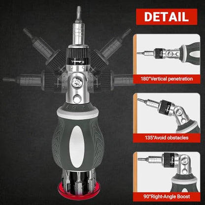 1 PCS Ratcheting Screwdriver, Tool Screw Driver180 Degrees Rotating, Bit Swivel Head Tool for Narrow Space Repair, Magnetic Screwdriver Bits and Socket Set, Silvery