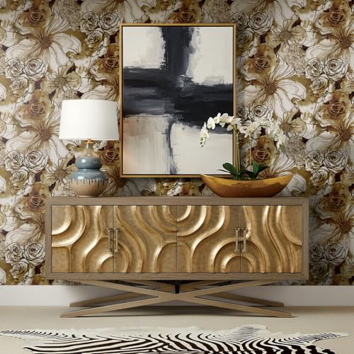 NextWall Harry & Grace Ink Rose Abstract Floral Peel and Stick Wallpaper (Metallic Bronze & Wine) - color: Metallic Bronze & Wine