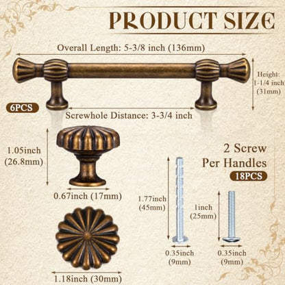12 Pack Antique Brass Cabinet Knobs and Pull Handles, Elegant Vintage Bloom