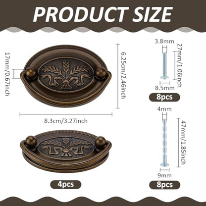 PH PandaHall 4 Pack Antique Drawer Pulls Handles Oval Bail Drawer Pulls 3.3inch Vintage Cabinet Handle Bronze Wheat Pattern Drop Swing Handles with Screws for Vanity Nightstand Wardrobe Cupboard Knob