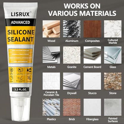 LISRUX Advanced White Silicone Caulk for Kitchen & Bathroom - 2 Pack (3.2 Fl Oz Each) | 100% Waterproof Silicone Sealant | Super Strong Adhesion, Shrink & Crack Proof - size: White-2P