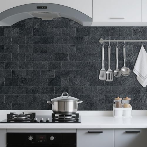 DICOFUN 1 Sheet Black Slate Thick PVC Peel and Stick Backsplash Wall Tiles, 12"x12" Self Adhesive Subway Tile for Kitchen and Bathroom Backsplash - color: Black Slate, size: 1 Sheet, 12"x12"x0.12"