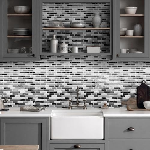 URCOLOR 10-Sheet Peel and Stick Backsplash Tile for Kitchen - 12”×12” Stick on Wall Tile for Bathroom, Black White Grey - color: Black White Grey