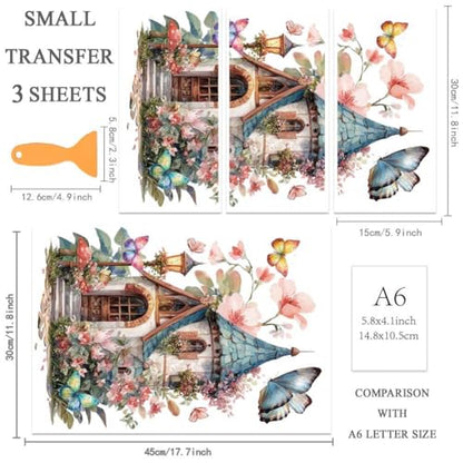 OLYCRAFT 3 Sheets/Set Rub on Transfers for Craft 12x6 Inch PVC Furniture Decals Reusable Waterproof Transfers Self-Stick Floral House Pattern Transfer with Scraper for Dressers Cabinets Window - style: Flower House