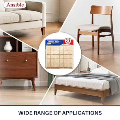 Ansible 60 PCS Felt Furniture Pads 1" for Hardwood Floors - size: 60 PCS 1" Beige, Square