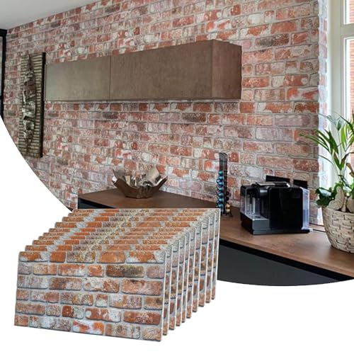 Dundee Deco 3D Wall Panels Faux Brick - Cladding, Red Grey Brown Stone Look Wall Paneling, Styrofoam Facing for Living Room, Kitchen, Bathroom, Balcony, Bedroom, Set of 10, Covers 53 sq ft - color: Red, Grey, Brown