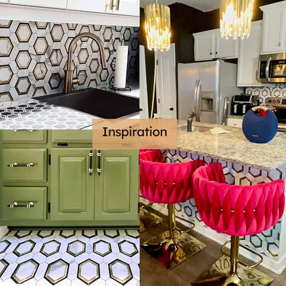 Diflart 10-Pack Peel and Stick Black White Gold Hexagon Backsplash Tile - color: White Marble + Gold + Black Metal Flower, size: 10 Sheets