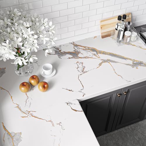 VEELIKE Wide Luxurious White Gold Marble Contact Paper for Countertops Peel and Stick Waterproof Kitchen Countertop Contact Paper 32''x118'' Matte Marble Wallpaper Adhesive Counter Paper for Desk Wall - size: 32" x 118"