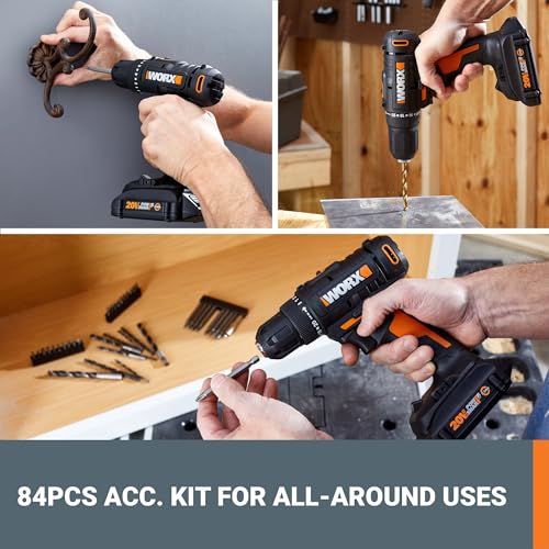 WORX Cordless Drill Driver, 20V 3/8-Inch 84-Piece Kit, WX100L.2 - style: 3/8" Cordless Drill & Driver (Battery & Charger & 84pc Accessory Kit Included)