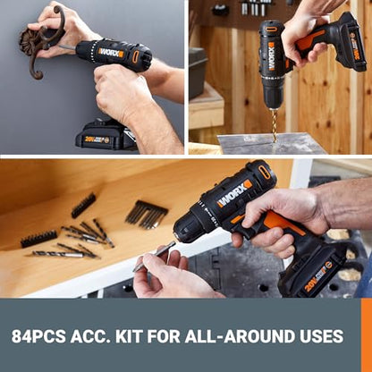 WORX Cordless Drill Driver, 20V 3/8-Inch 84-Piece Kit, WX100L.2 - style: 3/8" Cordless Drill & Driver (Battery & Charger & 84pc Accessory Kit Included)