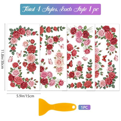 GLOBLELAND 4 Sheets Roses Flowers Corners Furniture Transfers Stickers 6x12inch Pink Roses Rub on Transfer UV Self-Adhesive Stickers Wall Art Craft for Bedroom Living Room Table Decoration