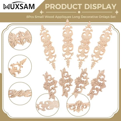 8Pcs Small Wood Appliques Long Decorative Unpainted Onlays Set