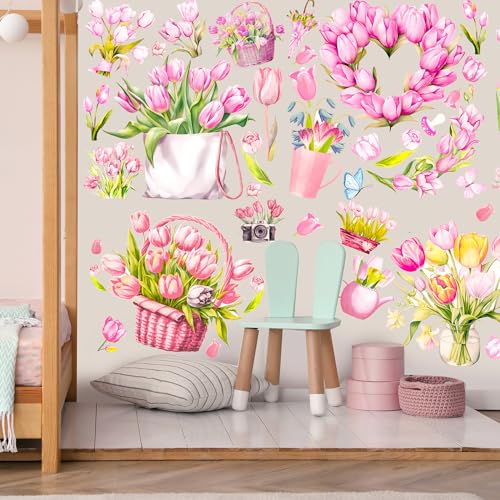 Dispowreath 16 Sheets Pink Tulip Spring Rub on Transfers for Crafts 6x6 Inch Flower Rub on Transfers Stickers Spring Stickers Decals for Home Paper Wood DIY Furniture - style: Tulip