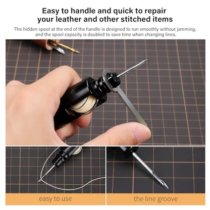 WUTA Repair Stitch Kit Leathercraft Stitch Awl Tool with 5 Pcs Small Chrome-Plated Needle, for Leather, Belt, Canvas, Fabric, Bag Repair Professional Stitcher Leather Craft Tool - style: Basic (Stitch Awl Kit+3 Colors Wax Thread)