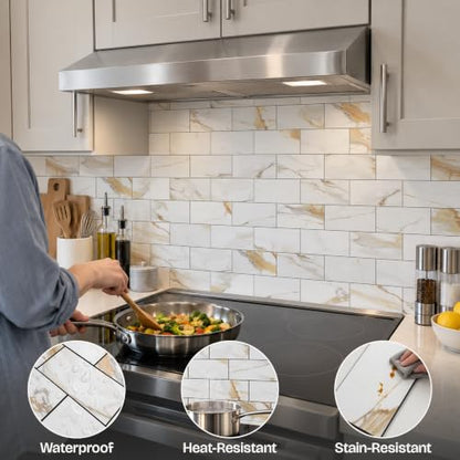 StyloVue 100 Pieces Peel and Stick Backsplash for Kitchen, 3" x 6" PVC Subway Tile Upgraded Calacatta Gold with Dark Gray Grout Backsplash Stick on Tile Elevate Kitchen, Bathroom, Fireplace,RV - color: Calacatta Gold