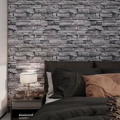Grey Brick Wallpaper Peel and Stick 17.7"x 394" Newly Upgraded and Thickened Faux 3D Stone Wallpaper for Bathroom, Bedroom, Kitchen, Living Room - size: 17.7" x 393"