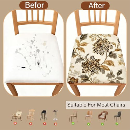 Chair Seat Covers - Waterproof Stretch Printed Dining Room Chair Cover with Elastic Ties Removable Washable Dining Upholstered Chairs Protector (Yellow, Four-Piece Set) - color: Yellow, size: Four-piece set
