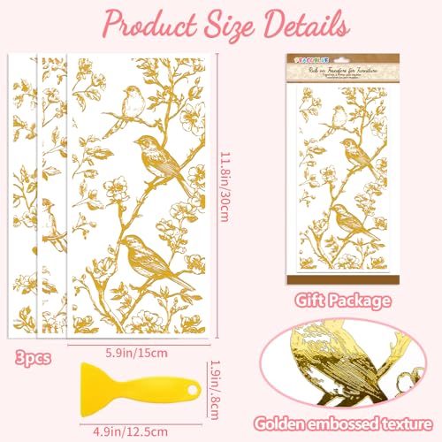 Peacoblue Gold Branches and Birds Rub On Transfers for Furniture 6"x12" - style: Gold Branches and Birds
