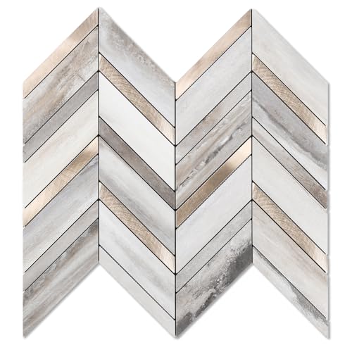 Yipscazo 10-Sheet Wood Grain Herringbone Peel and Stick Backsplash for Kitchen Walls,Heat Resistant PVC Mixed Metal Stick on Backsplash Tiles,Waterproof Peel and Stick Tile for Bathroom&Shower - color: Wood Grain + Gold Metal