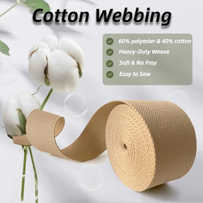 Cotton Webbing 2 Inch 5 Yards for Bag Strap Sewing Crafts, Khaki - color: Kahki