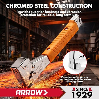 Arrow HT50 Heavy Duty Hammer Tacker, Chromed-Steel Manual Stapler with Sure-Grip Handle, Dual-Capacity Rear-Load Magazine, Fits 5/16”, 3/8", or 1/2" Staples (Pack of 4) - size: (4-Pack)