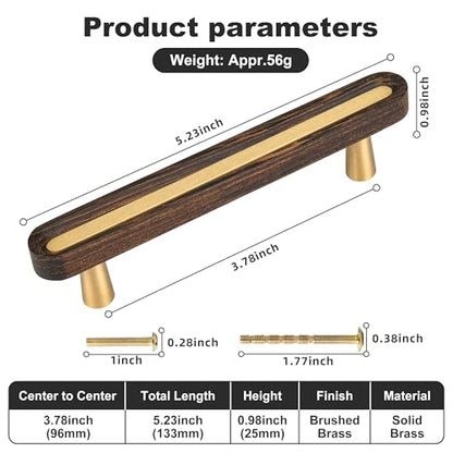 SALISENG-Solid Brass and Wooden Kitchen Cabinet Pulls, 5 Pack 3-3/4 Inch Brass Dresser Drawer Handles, Modern Furniture Hardware Pulls for Bathroom Bedroom Living Cabinets - size: 3-3/4 Inch Hole Centers