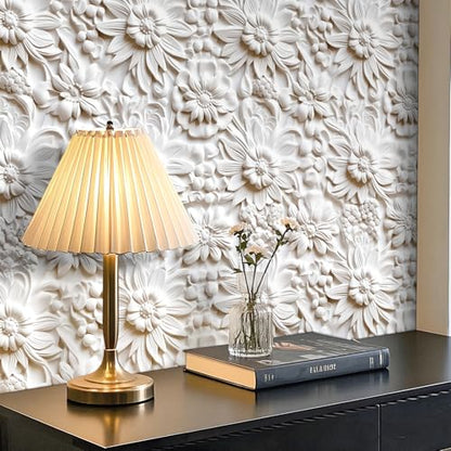 17.5x475 Off White Contact Paper Peel and Stick Floral Wallpaper White Paintable Baroque Art Deco Flower Wall Mural Wallpaper 3D Embossed Wall Paper Peel and Stick Modern for Bathroom Ceiling - size: 17.5" x 475"