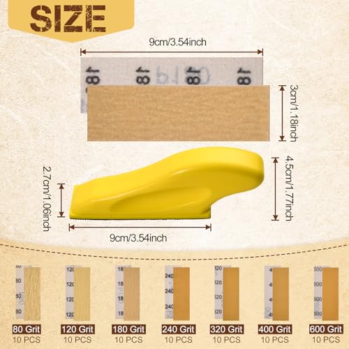 70 PCS Micro Detail Sander Paper Kit, Mini Finger Sander with 80 120 180 240 320 400 600 Grit Sandpaper Assortment, Small Hand Sanding Block for Craft, Furniture, Tight Spaces & DIY Projects - style: 80-600 Grit + Sander