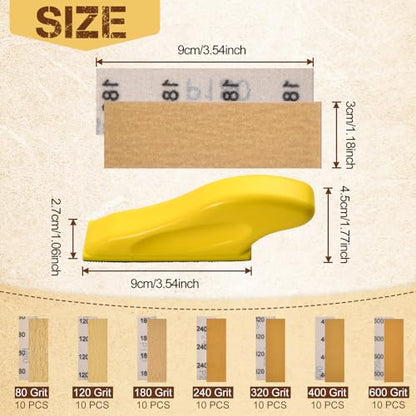 70 PCS Micro Detail Sander Paper Kit, Mini Finger Sander with 80 120 180 240 320 400 600 Grit Sandpaper Assortment, Small Hand Sanding Block for Craft, Furniture, Tight Spaces & DIY Projects - style: 80-600 Grit + Sander