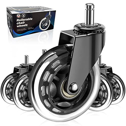 Huracan Office Chair Wheels, Set of 5, Replacement Rubber Chair Caster Wheels for Hardwood Floor, NOT Compatible for IKEA, Computer Desk Chair Wheels, Heavy Duty Office Chair Casters