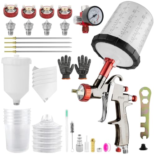 LVLP Automotive Paint Spray Gun R500 Kit, 1.3/1.5/1.7/2.0mm Nozzles LVLP Spray Gun with 600ml Plastic Cup&650ml Disposable Cups& Air Regulator Set, for Painting - color: 1.3/1.5/1.7/2.0mm 2Cup