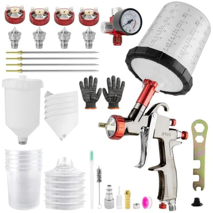 LVLP Automotive Paint Spray Gun R500 Kit, 1.3/1.5/1.7/2.0mm Nozzles LVLP Spray Gun with 600ml Plastic Cup&650ml Disposable Cups& Air Regulator Set, for Painting - color: 1.3/1.5/1.7/2.0mm 2Cup