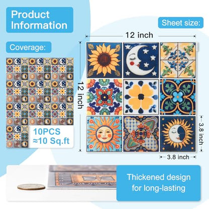 Art3d Talavera Design Peel and Stick Backsplash, 10-Pack, Sun & Moon Floral - color: Sun & Moon Floral